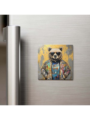 İberk Totem Bear - Totem Ayısı - Güneş Gözlüklü Style - Buzdolap Magneti - 9x9 cm
