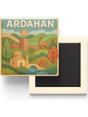 İberk Ardahan - Memleket Temalı - Paper Cut Art - Baskılı Buzdolap Magneti Kare - 9x9 cm