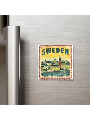 İberk Isveç Sweden - Posta Pulu Temalı Ülke - Baskılı Buzdolap Magneti Kare - 9x9 cm