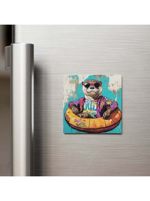 İberk Otter - Su Samuru - Güneş Gözlüklü Style - Buzdolap Magneti - 9x9 cm