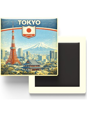 İberk Retro Japonya Tokyo Şehri Temalı Vintage Buzdolap Magneti – 9x9 cm