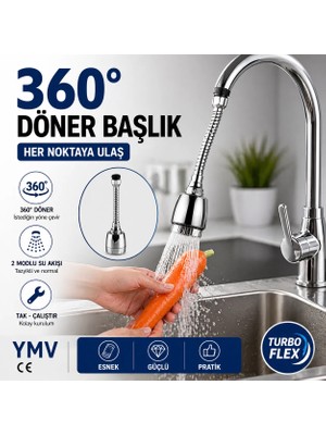 YMV 360 Derece Döner Fonksiyonlu Mutfak Lavabo Batarya Musluk Başlığı Esnek Turbo Flex Su Tasarruflu Musluk Ucu