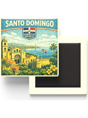 İberk Retro Dominik Cumhuriyeti Santo Domingo Şehri Temalı Vintage Buzdolap Magneti – 9x9 cm