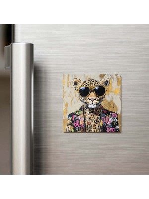 İberk Leopard - Leopar - Güneş Gözlüklü Style - Buzdolap Magneti - 9x9 cm
