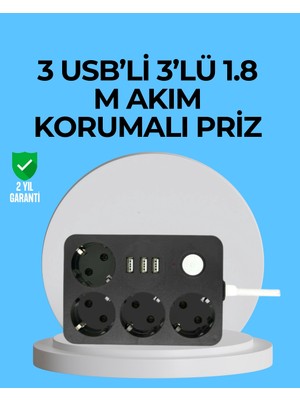 SÜS Mey Ithalat® 3 USB Çıkışlı 4’lü Akıllı Priz 2500W 2 Metre Kablo