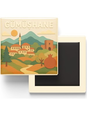 İberk Gümüşhane - Memleket Temalı - Paper Cut Art - Baskılı Buzdolap Magneti Kare - 9x9 cm