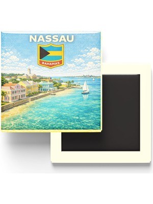 İberk Retro Bahamalar Nassau Şehri Temalı Vintage Buzdolap Magneti – 9x9 cm