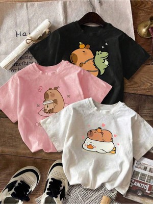 CC Collection Kız Çocuk Cappybara Baskılı 3'lü Set Nefes Alan Yazlık T-Shirt
