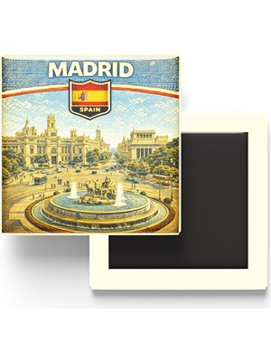 İberk Retro Ispanya Madrid Şehri Temalı Vintage Buzdolap Magneti – 9x9 cm