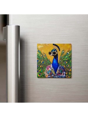 İberk Peacock - Tavus Kuşu - Güneş Gözlüklü Style - Buzdolap Magneti - 9x9 cm