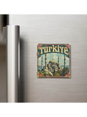 İberk Türkiye Blue Mosque - Posta Pulu Temalı Ülke - Baskılı Buzdolap Magneti Kare - 9x9 cm
