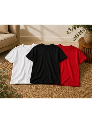CC Collection 3’lü Çocuk Basic Tişört Seti %100 Pamuk Kısa Kollu Günlük Rahat Unisex Tshirt