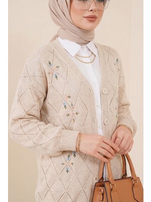 Moda Morfo Ajurlu Çiçek Nakışlı Düğmeli Triko Hırka  -Taş