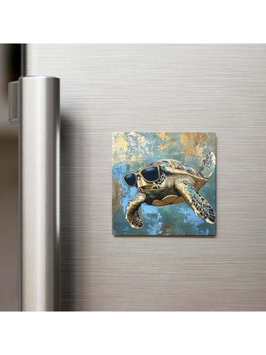 İberk Sea Turtle - Deniz Kaplumbağası - Güneş Gözlüklü Style - Buzdolap Magneti - 9x9 cm