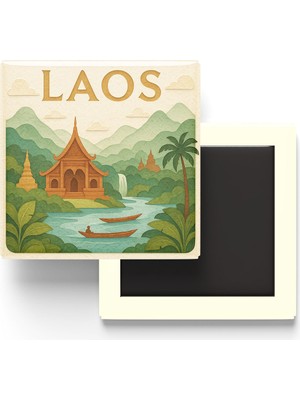 İberk Laos - Laos - Paper Cut Art - Baskılı Buzdolap Magneti Kare - 9x9 cm