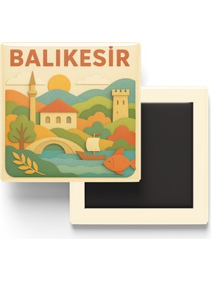 İberk Balıkesir - Memleket Temalı - Paper Cut Art - Baskılı Buzdolap Magneti Kare - 9x9 cm
