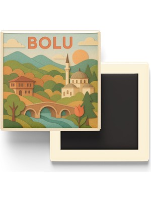 İberk Bolu - Memleket Temalı - Paper Cut Art - Baskılı Buzdolap Magneti Kare - 9x9 cm