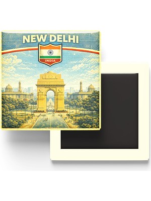 İberk Retro Hindistan Yeni Delhi Şehri Temalı Vintage Buzdolap Magneti – 9x9 cm