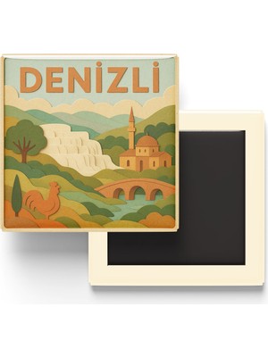 İberk Denizli - Memleket Temalı - Paper Cut Art - Baskılı Buzdolap Magneti Kare - 9x9 cm