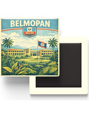 İberk Retro Belize Belmopan Şehri Temalı Vintage Buzdolap Magneti – 9x9 cm
