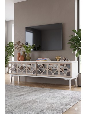 Yumedi Design TSA1236BTS - Filibe Tv Stand , Tv Sehpası 120CM Beyaz-Traverten-Silver