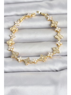 SÜS Mey Ithalat® Pirinç Zirkon Taşlı ve Mineli Yonca Model Gold Renk Kadın Bileklik