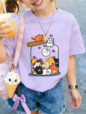 CC Collection Sevimli Kedi Desenli Çocuk Tişört Eğlenceli Baskılı Regular Fit