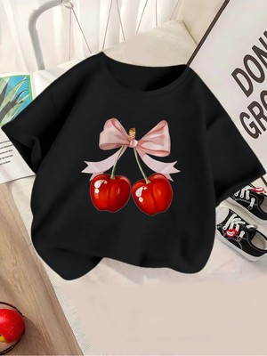 CC Collection Kız Çocuk Kiraz Baskılı Tişört Rahat ve Nefes Alan Kumaş