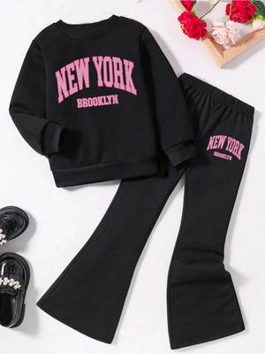 CC Collection Kız Çocuk Siyah New York Baskılı Ikili Takım – Sweatshirt & Ispanyol Paça Eşofman Altı