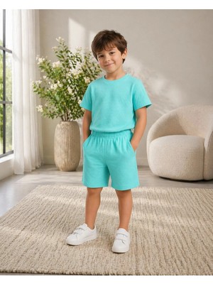 CC Collection Erkek/kız Çocuk Yeşil Şortlu Takım Basic Tshirt Spor Yazlık 3-12 Yaş