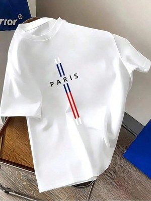 CC Collection Paris Çizgi Baskılı Unisex Oversize T-Shirt