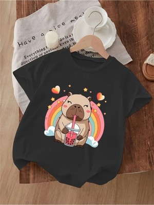 CC Collection Cappybara ve Gökkuşağı Baskılı Çocuk Tshirt Pamuklu