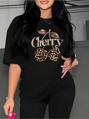 CC Collection Leopar Desenli Kiraz Baskı Detaylı Kadın Oversize T-Shirt