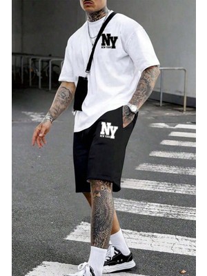 CC Collection Erkek Beyaz-Siyah Bermuda Siyah Şort Oversize Beyaz T-Shirt Takım New York Baskılı