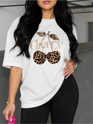 CC Collection Leopar Desenli Kiraz Baskı Detaylı Kadın Oversize T-Shirt