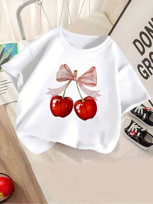 CC Collection Kız Çocuk Kiraz Baskılı Tişört Rahat ve Nefes Alan Kumaş