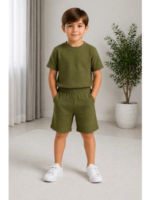 CC Collection Erkek/kız Çocuk Yeşil Şortlu Takım Basic Tshirt Spor Yazlık 3-12 Yaş