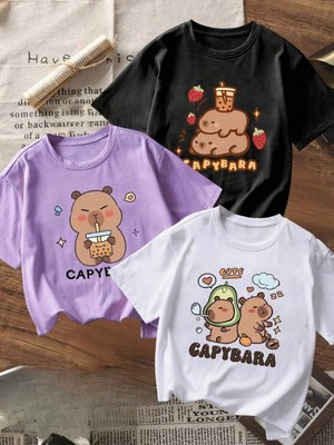 CC Collection Kız Çocuk Cappybara Baskılı 3'lü Set Nefes Alan Yazlık T-Shirt