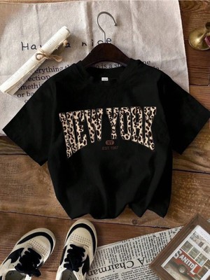 CC Collection Kız Çocuk Leopar Newyork Baskılı Nefes Alan T-Shirt