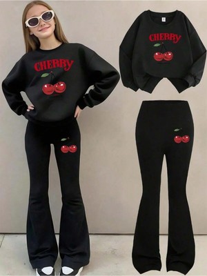 CC Collection Kız Çocuk Siyah Cherry Baskılı Ikili Takım – Sweatshirt & Ispanyol Paça Alt