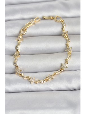 SÜS Mey Ithalat® Pirinç Gold Renk Zirkon Taşlı Ay ve Yıldız Model Kadın Bileklik