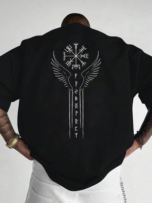CC Collection Erkek Oversize Viking Sembolü Baskılı T-Shirt Rahat ve Şık Tasarım