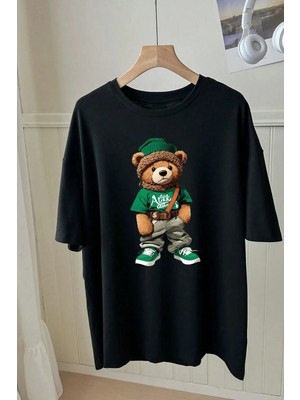 CC Collection Ormancı Ayı Baskılı Unisex Siyah Oversize T-Shirt - Rahat ve Şık Tasarım