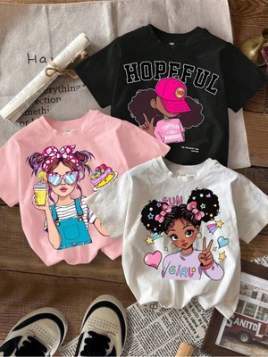 CC Collection Kız Çocuk Baskılı Tişört Pamuklu Yazlık 3'lü Renkli Desenli Tshirt