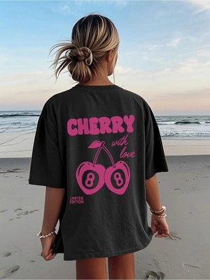CC Collection Kadın Oversize Cherry With Love Baskılı T-Shirt Rahat ve Şık Tasarım