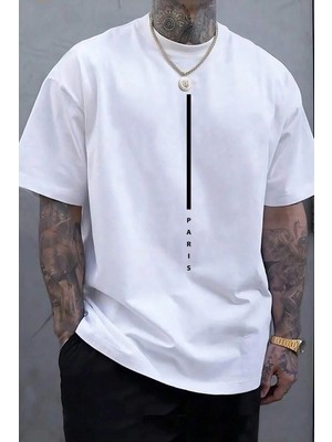 CC Collection Dikey Paris Baskılı Erkek Oversize T-Shirt