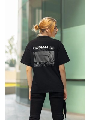 CC Collection Kadın Oversize Baskılı Siyah Tişört – Human Sırt Baskılı, Günlük & Sokak Stili