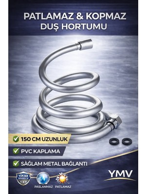 YMV Kopmaz Patlamaz PVC 150 CM Duş Hortumu Yüksek Basınçlı Kırılmaz Spiral Banyo Hortumu