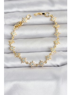 SÜS Mey Ithalat® Pirinç Gold Renk Zirkon Taşlı Sıralı Kutup Yıldızı Model Kadın Bileklik
