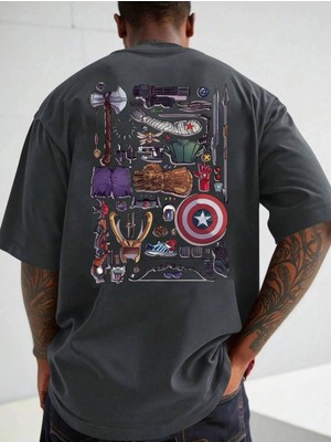 CC Collection Kadın/erkek Yenilmezler Figürleri Baskılı Oversize Pamuklu T-Shirt Tişört